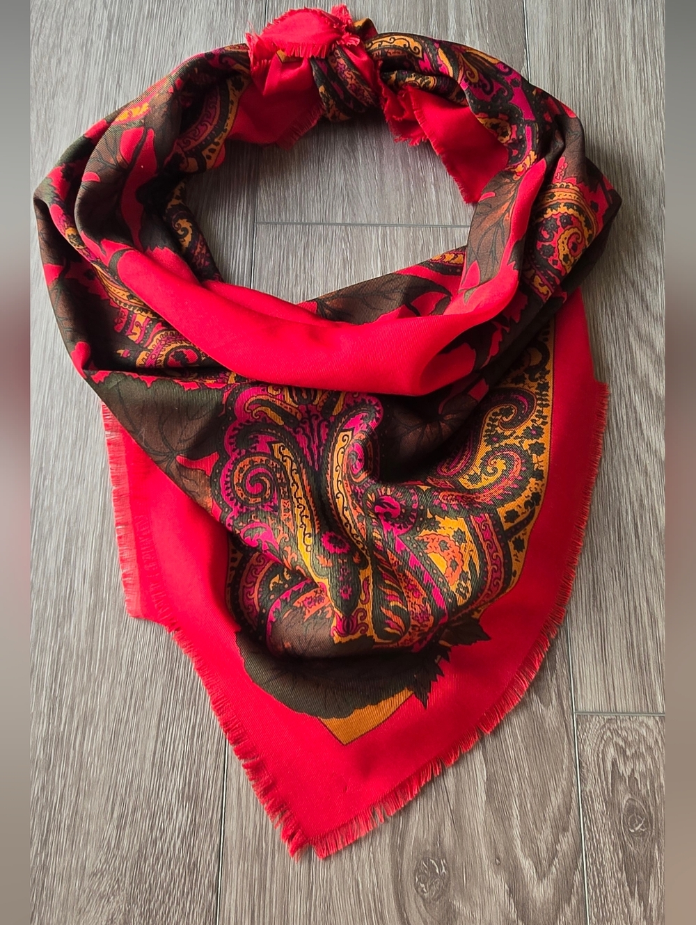 CASCA Italy Vintage Red Paisley Scarf Botanical Fringe Square Maximalist